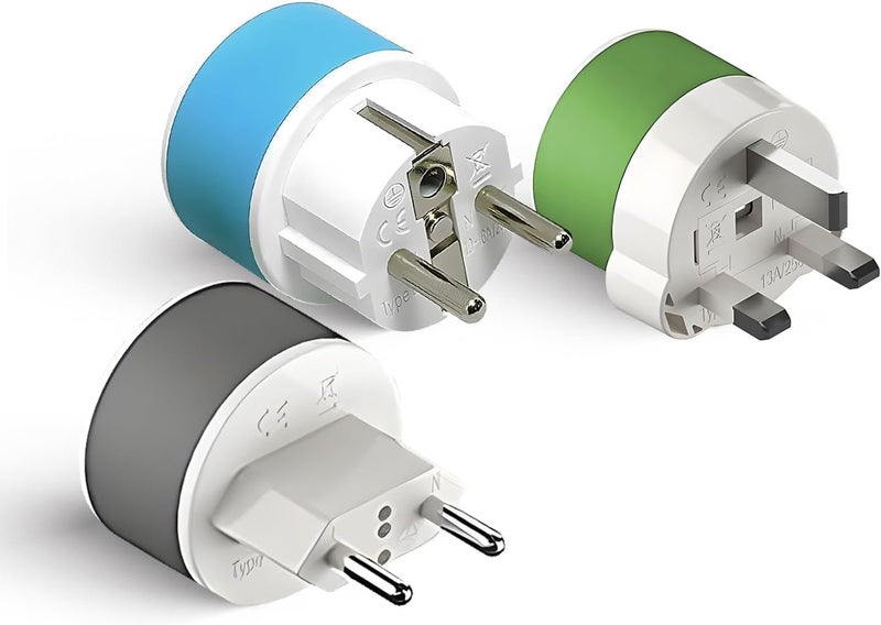 OREI Full European Travel Adapter Set - Dual Input American to Europe, Germany, England, Spain, Italy, Iceland, France, (Type G, E/F, Type C) - 3 Pack, Safe Grounded Use for Cell Phones, Laptops - Image 1